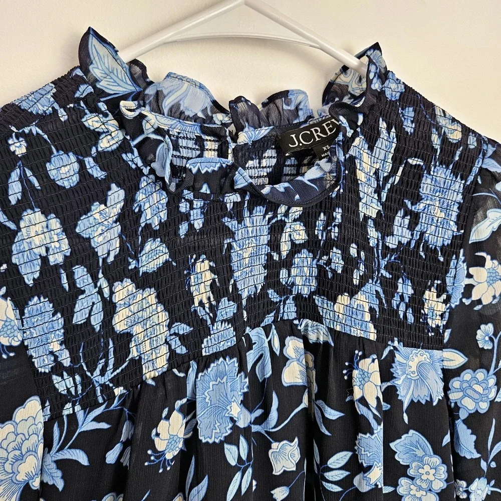 J.Crew Blouse‎ Sz XS Smocked Ruffleneck Chiffon Top Midnight Blue Floral Cottage